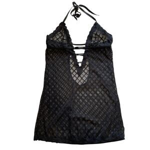 Rene Rofe Lingerie Black Lace Body-con Mesh Mini Halter Dress Medium/ Large Sexy